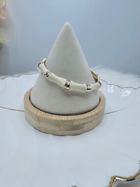 Sequin Cream Bamboo Style Hinged Bangle Bracelet Gold Tone Elegant